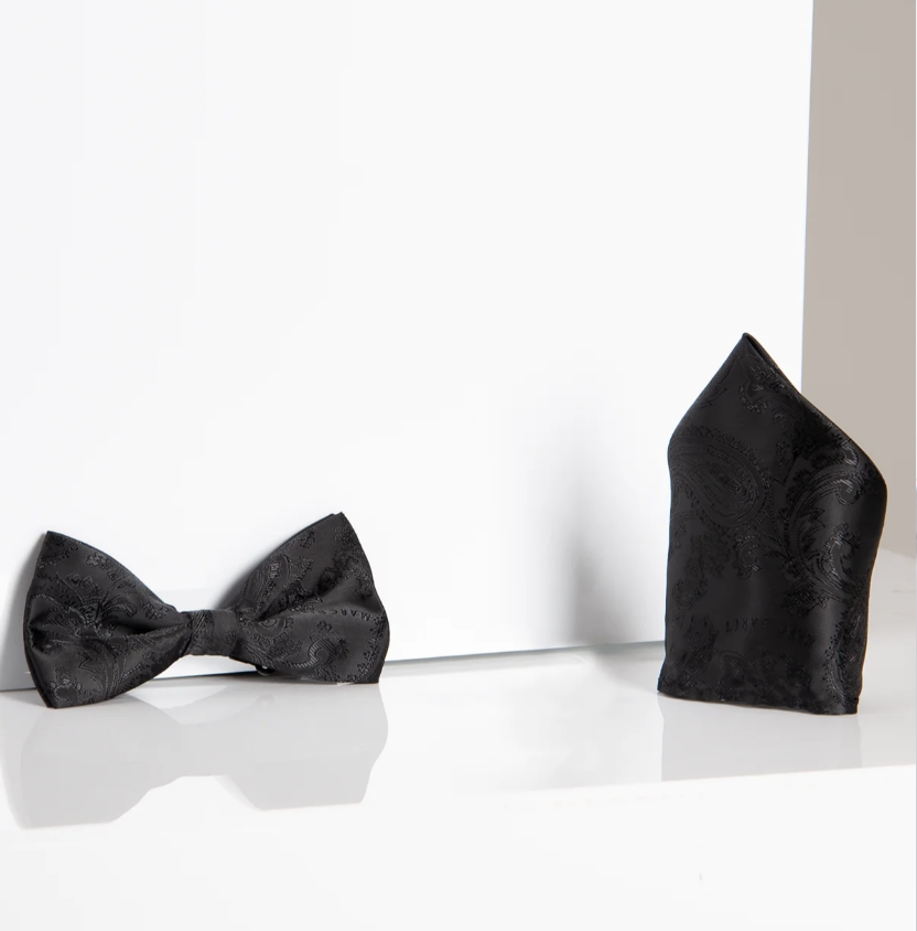 Marc Darcy Black Lining Paisley Bow tie, pocket square set