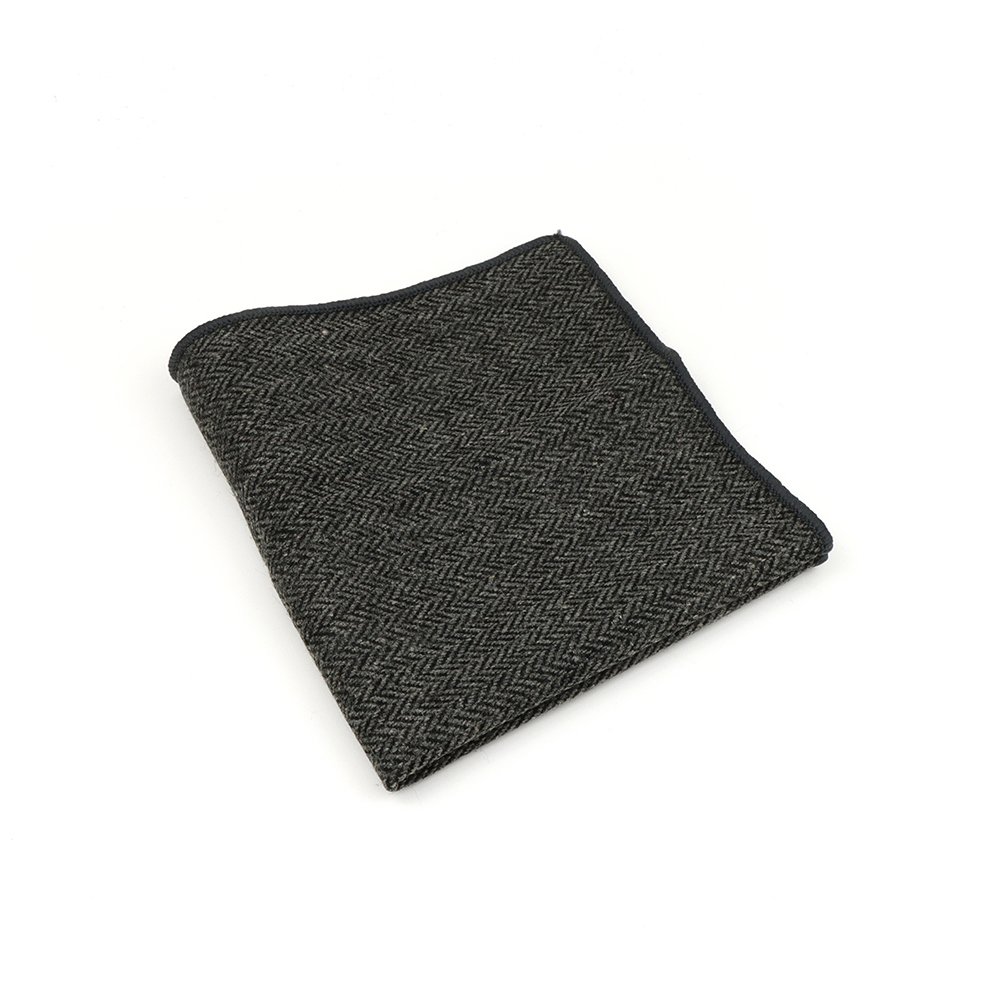 Mens Wool Tweed Grey Herringbone Pocket Square