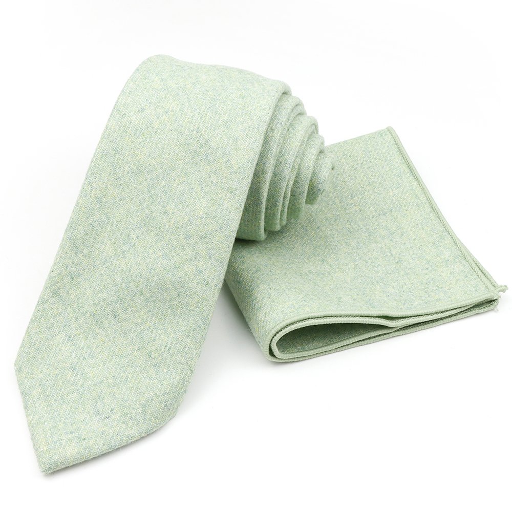 Mens Wool Tweed Pastel Green Tie & Pocket square set