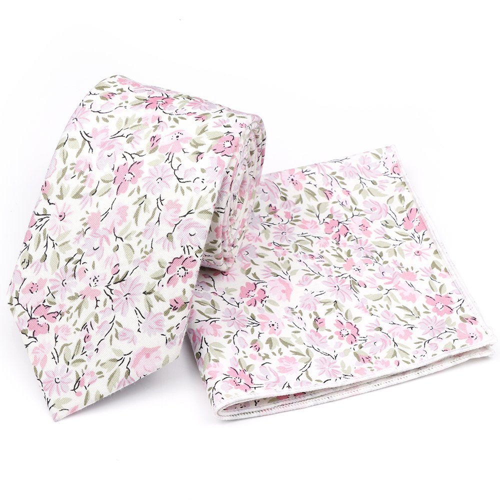 Pink Blossom Floral Tie, Pocket Square & Silver Tie Clip Gift Set
