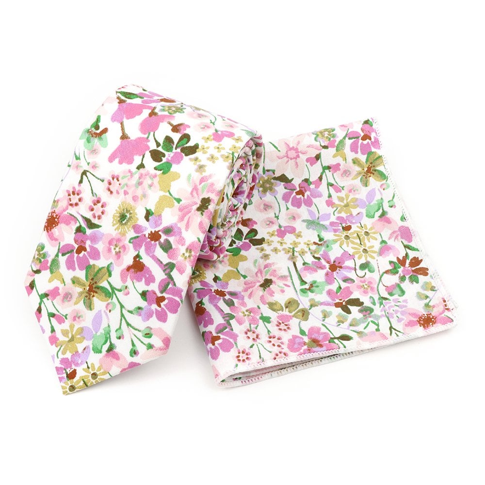 Pink & Purple floral cotton classic mens tie & pocket square set