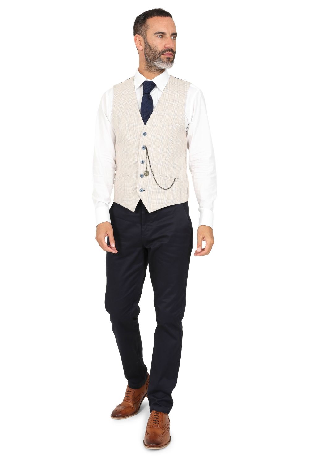 Stone Beige Check Suit with Contras Navy Trousers