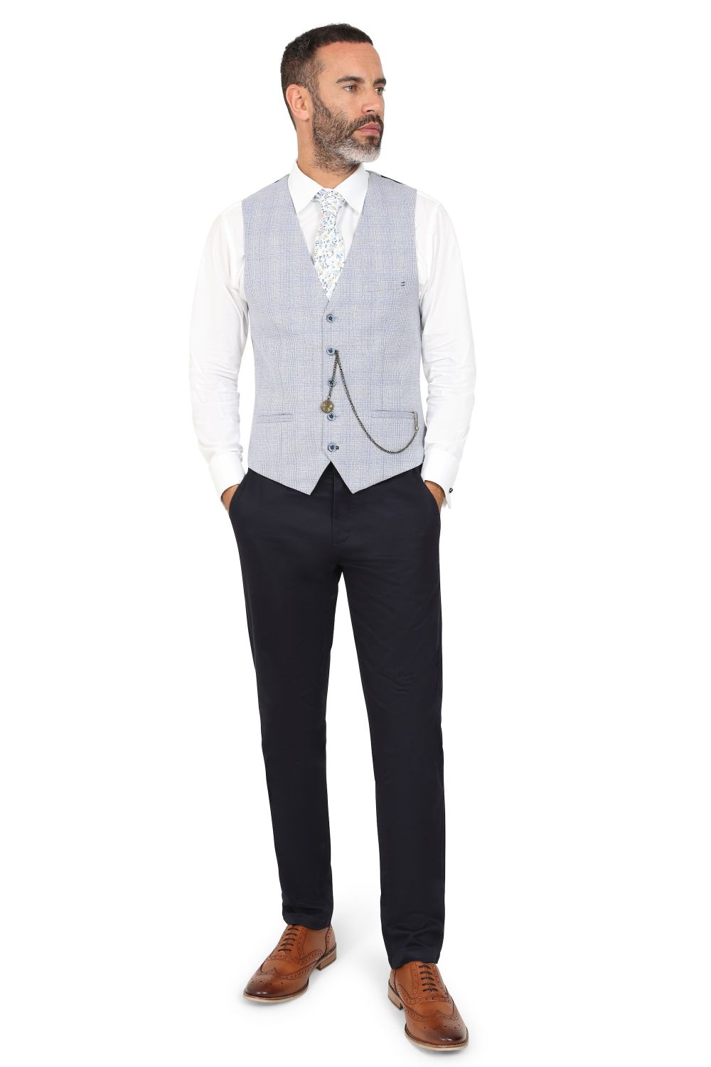 Cavani Sky Blue Check Three Piece Suit. with contrast trousers