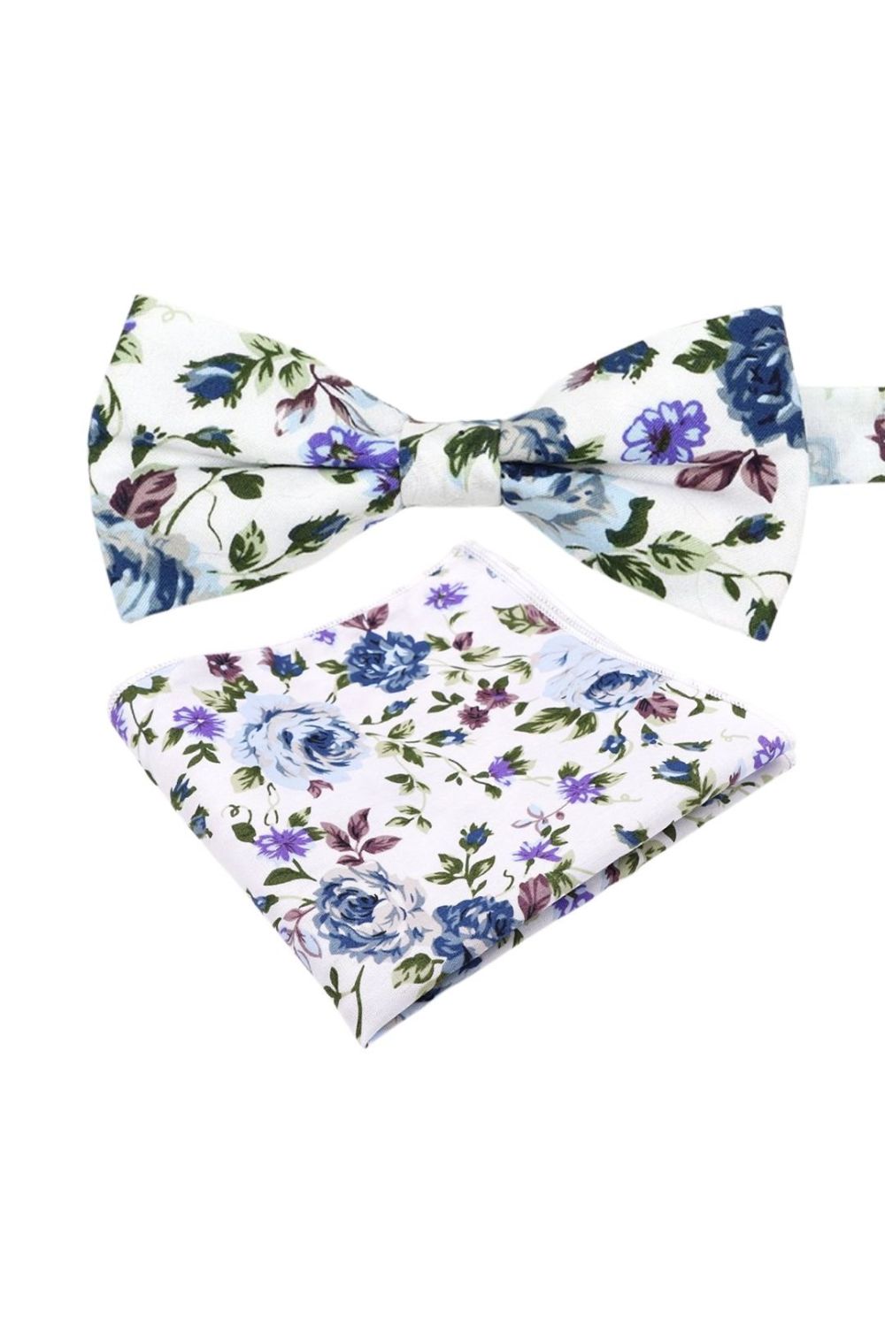 Blue floral cotton classic mens bow tie & pocket square set