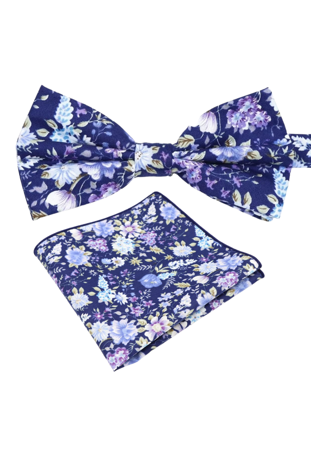 Blue & Purple floral cotton classic mens bow tie & pocket square set