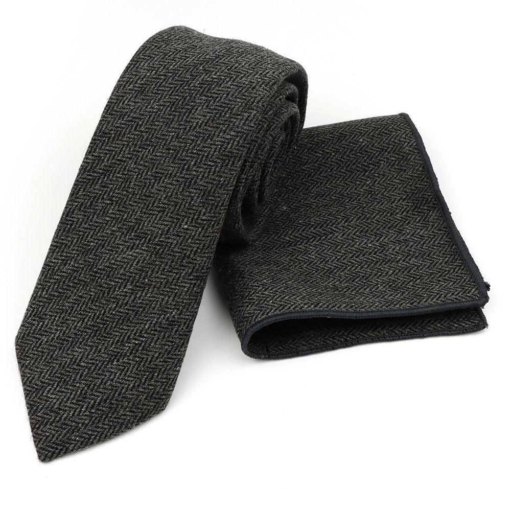 Mens Grey Herringbone Wool Tweed Tie & Pocket square set
