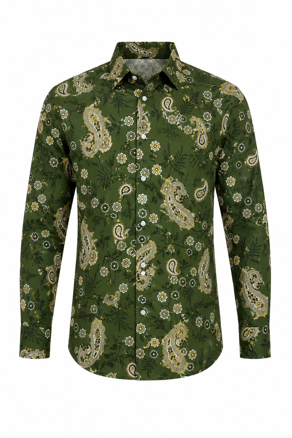 Olive Green Paisley Floral Long Sleeve Men's Shirt