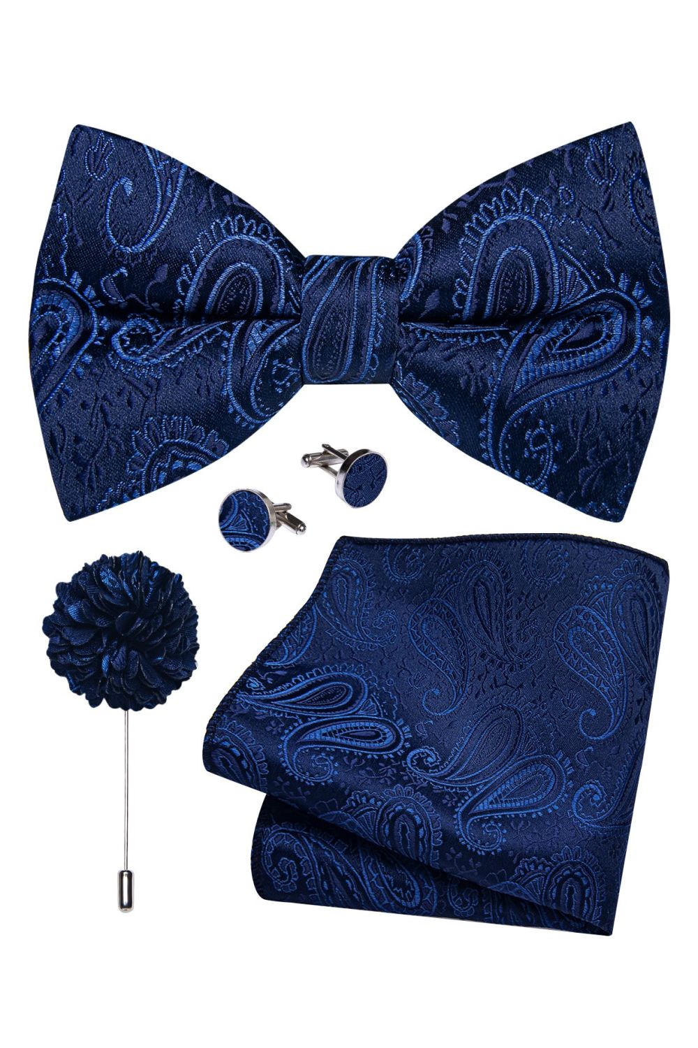 Blue Paisley Bow Tie, Cufflink, Pin And Handkerchief Set