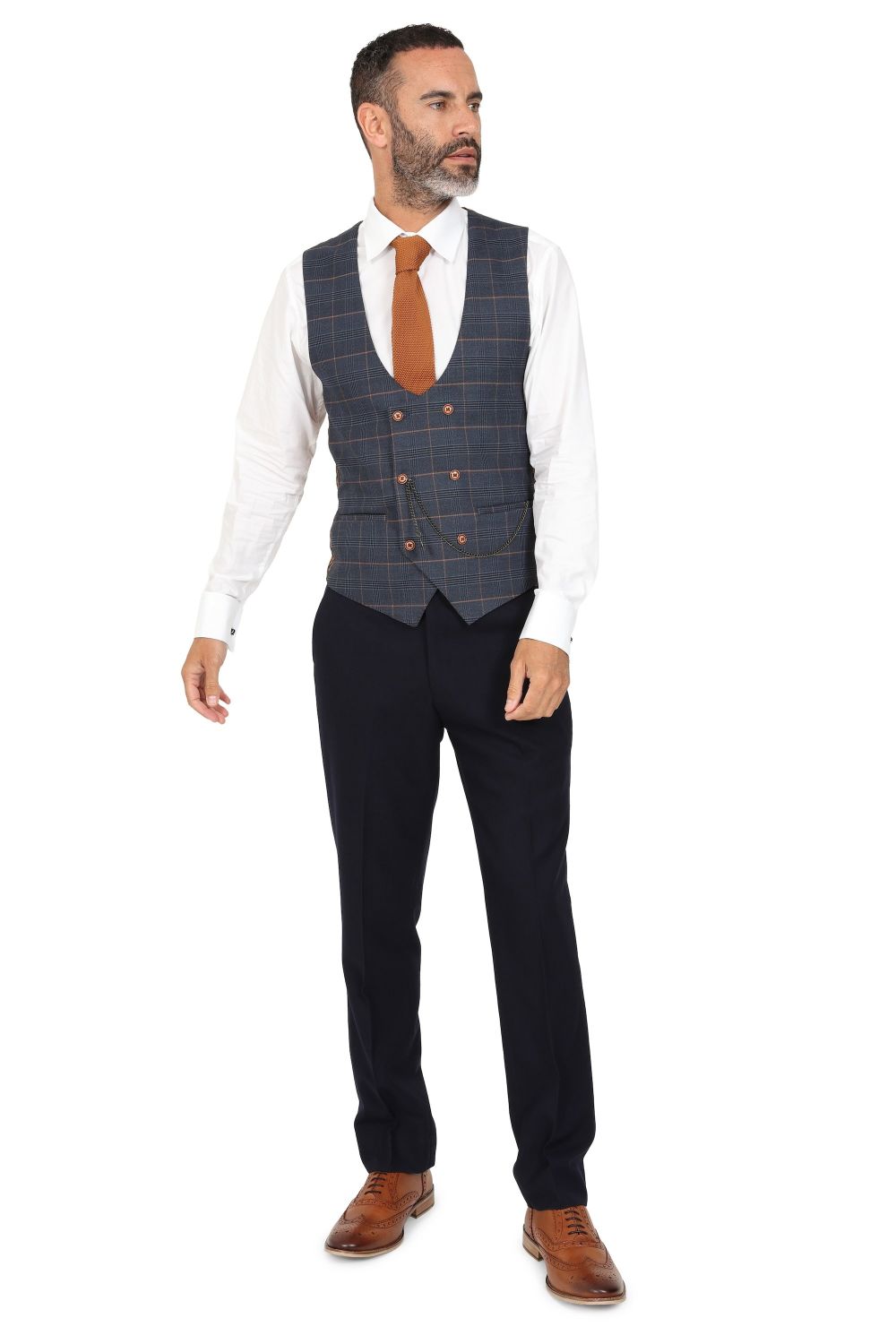 Jenson Samuel Alnwick Navy Three Piece Suit With Contrast Check Waistcoat