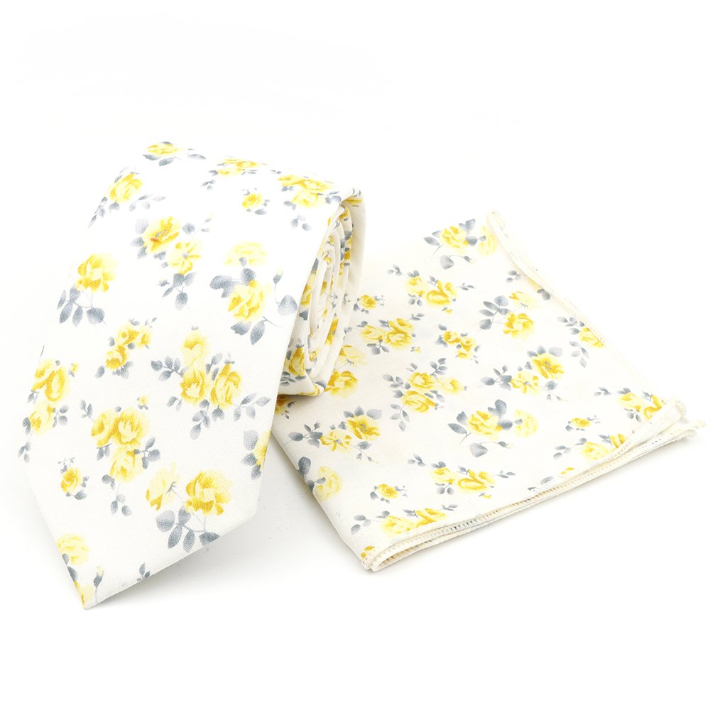 Pastel Yellow floral flower cotton tie & pocket square set