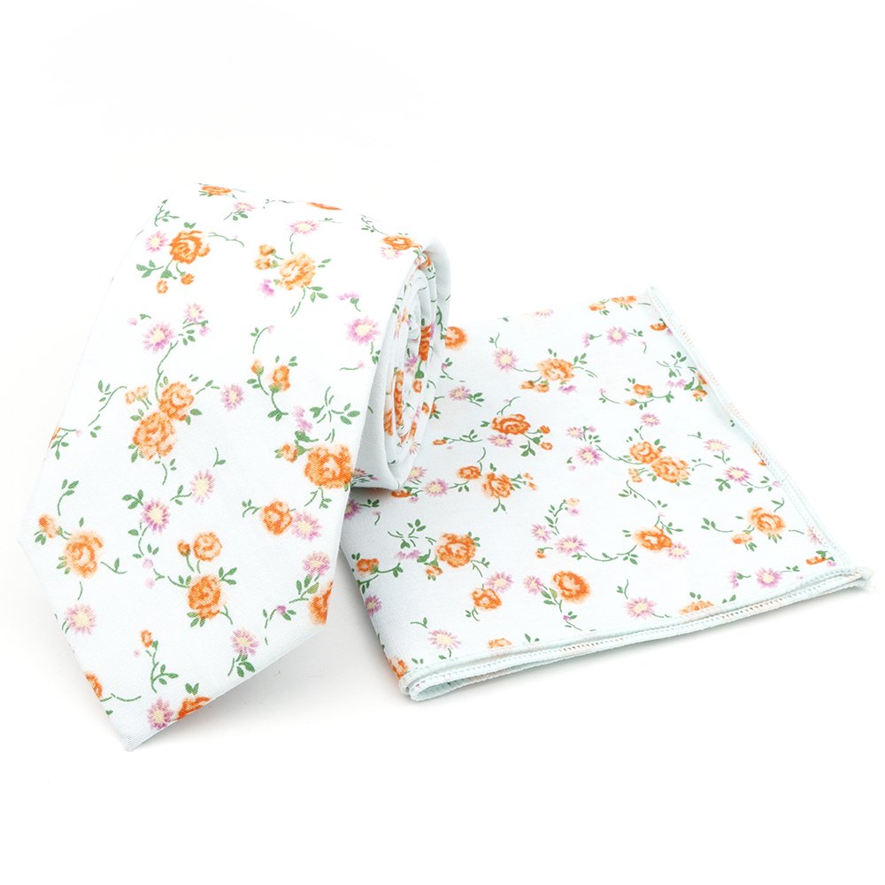 Orange & Pink floral flower cotton tie & pocket square set