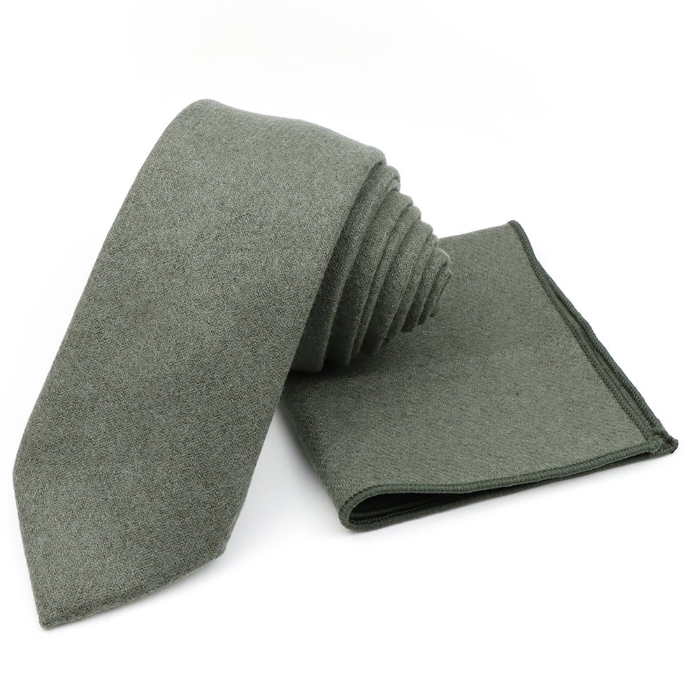 Mens Wool Tweed Olive Tie & Pocket square set