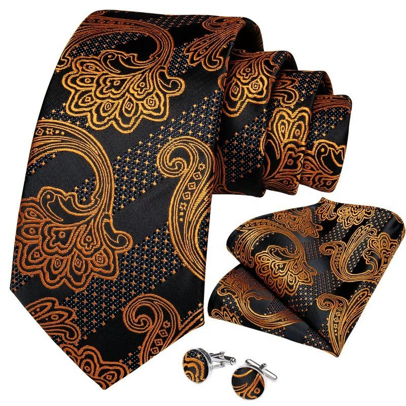 Mens Black and Gold paisley silk wedding tie, pocket square & cufflink set