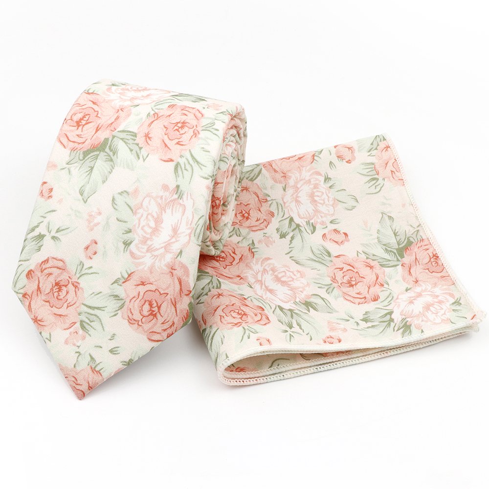Pastel Pink floral cotton classic mens tie & pocket square set