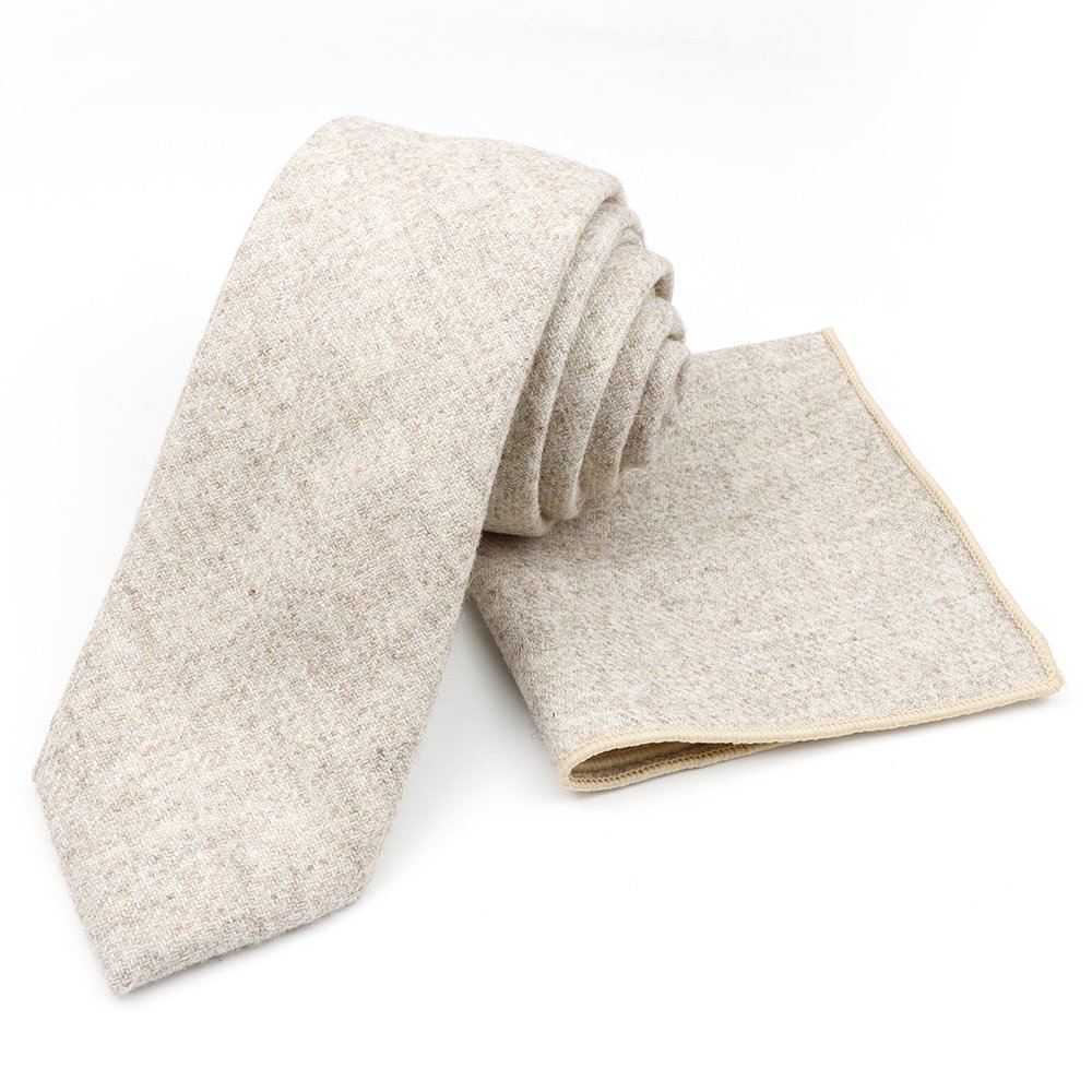 Mens Wool Tweed Beige Tie & Pocket square set