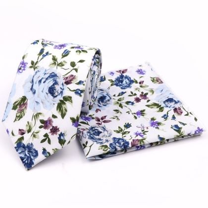 Blue floral cotton classic mens tie & pocket square set 