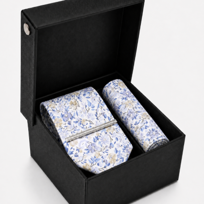 Blue Floral Tie, Pocket Square & Silver Tie Clip Gift Set