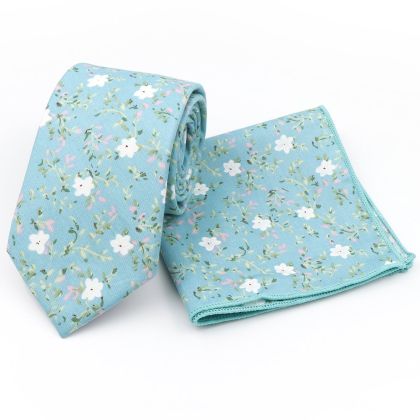 Blue & Pink floral cotton classic mens tie & pocket square set 