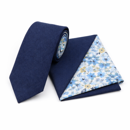 Two Tone Pastel Navy Floral cotton tie & pocket square set 