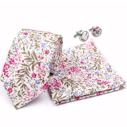 Fuchsia floral cotton classic mens tie, cufflink & pocket square set 