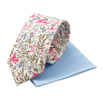 Fuchsia floral contrast mens tie & pocket square set 