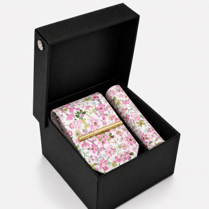 Pink Floral Tie, Pocket Square & Gold Tie Clip Gift Set