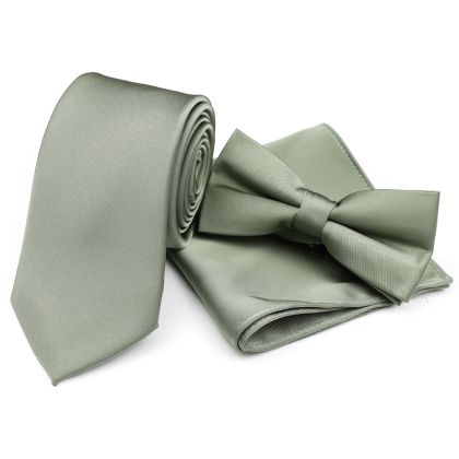 Plain Olive green classic tie, bowtie & pocket square set 
