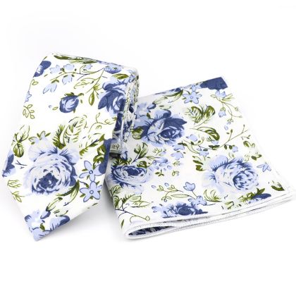 Blue & White  floral cotton classic mens tie & pocket square set 