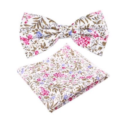 Fuchsia floral cotton classic mens bowtie & pocket square set 
