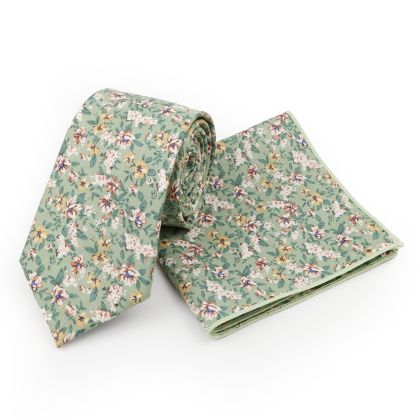 Sage green floral cotton classic mens tie & pocket square set