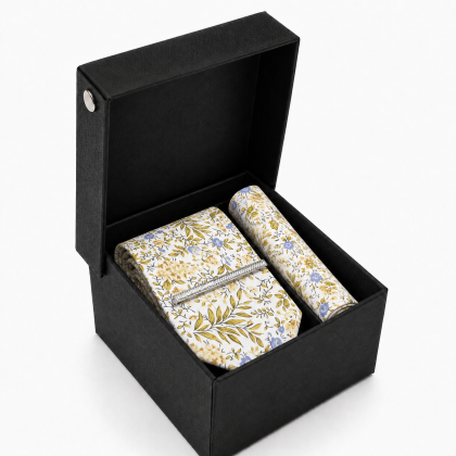Yellow & Blue Floral Tie Gift Set with Pocket Square & Silver Tie Clip