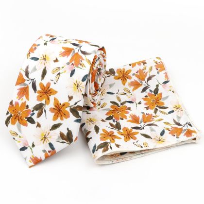 Orange floral cotton classic mens tie & pocket square set 