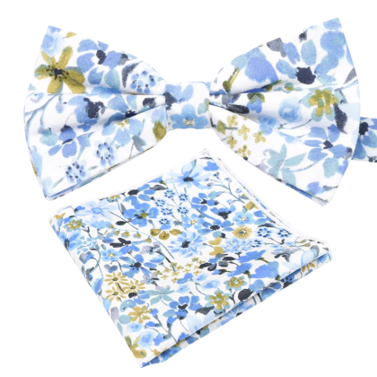 Pastel Blue floral cotton classic mens bowtie & pocket square set 