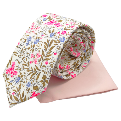 Fuchsia floral contrast mens tie & pocket square set 