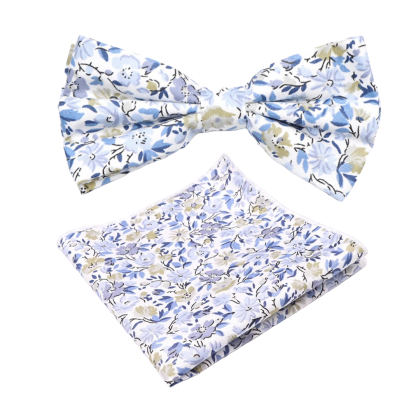 Blue floral cotton classic mens bowtie & pocket square set 