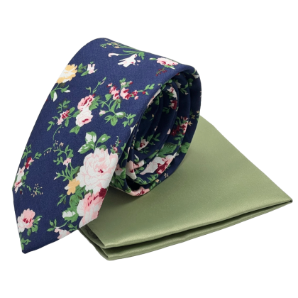 Navy & Green floral contrast mens tie & pocket square set