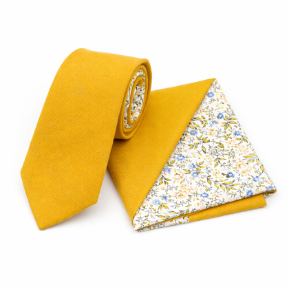 Two Tone Yellow floral cotton tie & Pocket square set 