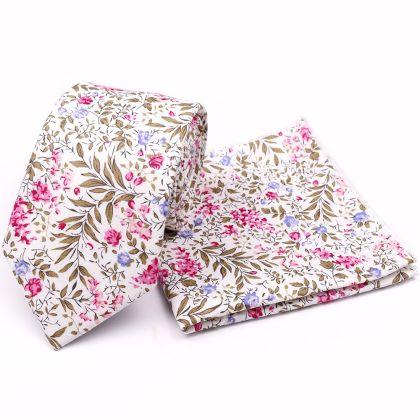 Fuchsia floral cotton classic mens tie & pocket square set 