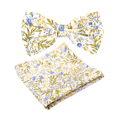 Yellow floral cotton classic mens bowtie & pocket square set 