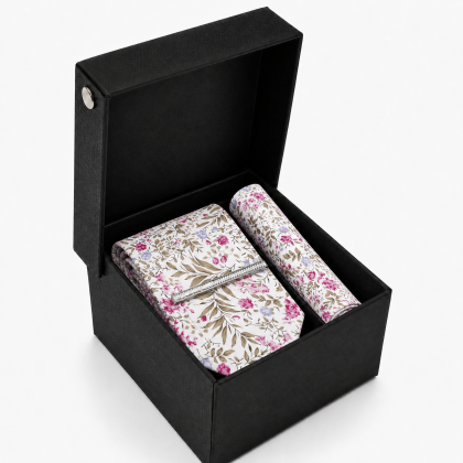 Fuchsia Pink Floral Tie, Pocket Square & Silver Tie Clip Gift Set