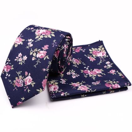Navy & Pink floral cotton classic mens tie & pocket square set 