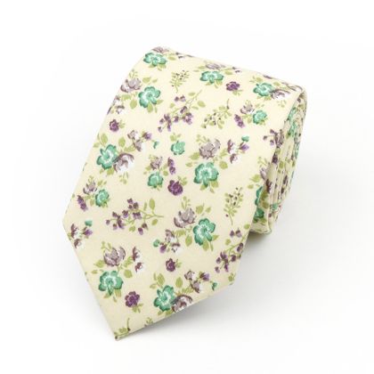 Cream & Green floral flower cotton tie 