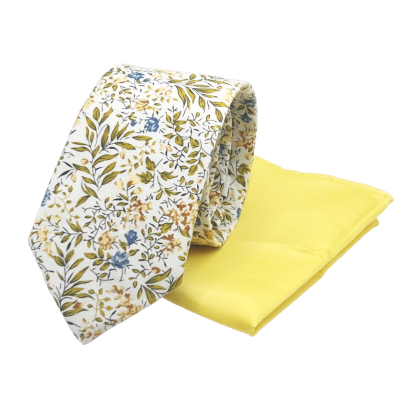 Yellow floral contrast mens tie & pocket square set 