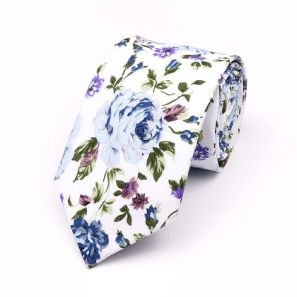 Blue floral flower printed cotton tie 