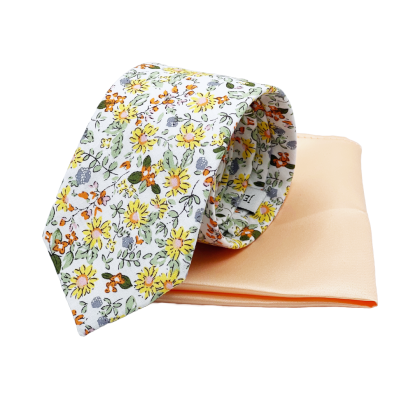 Orange floral contrast mens tie & pocket square set 