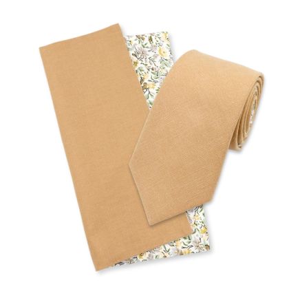 Two Tone Tan Green floral cotton tie & Pocket square set 