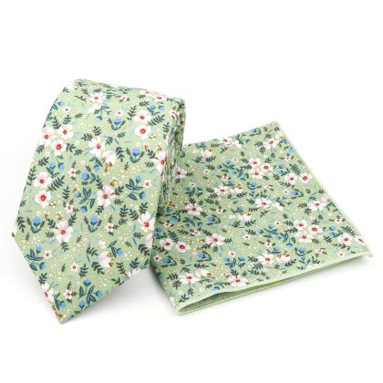 Green & Blue floral cotton classic mens tie & pocket square set 