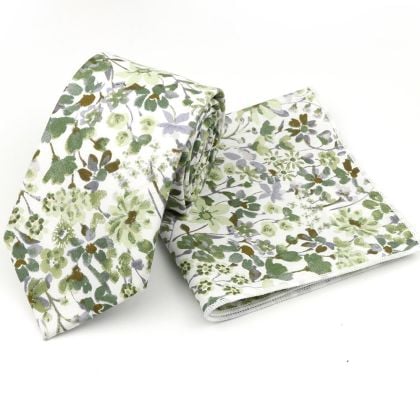 Olive green floral cotton classic mens tie & pocket square set 
