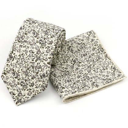 Green & cream floral cotton classic mens tie & pocket square set 