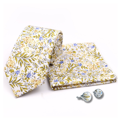 Yellow floral cotton classic mens tie, cufflink & pocket square set 